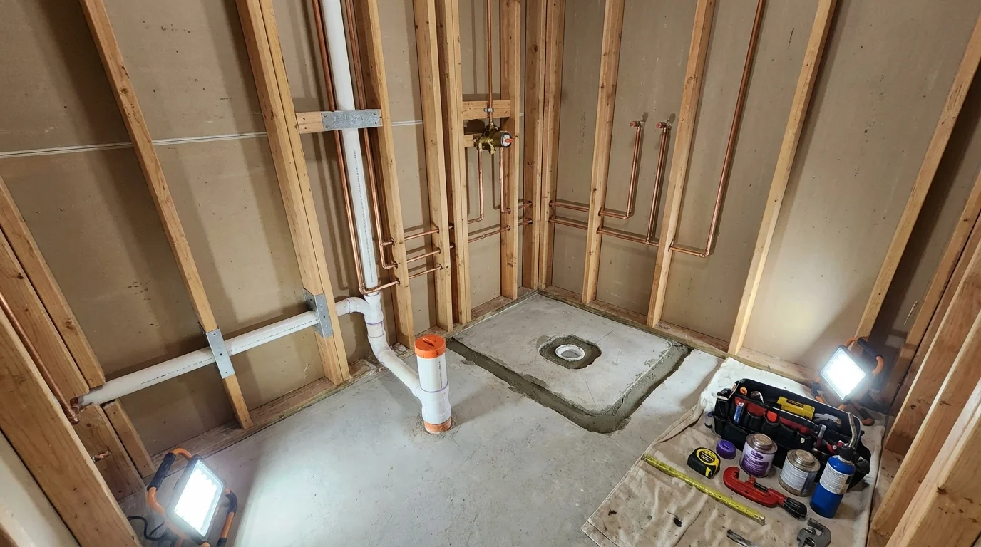 Bathroom rough-in plumbing during remodel by Johns Plumbing LLC in Manteno