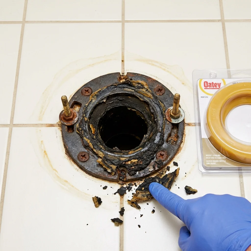 Failed wax ring showing water seepage at the base of a toilet in a Manteno, IL home