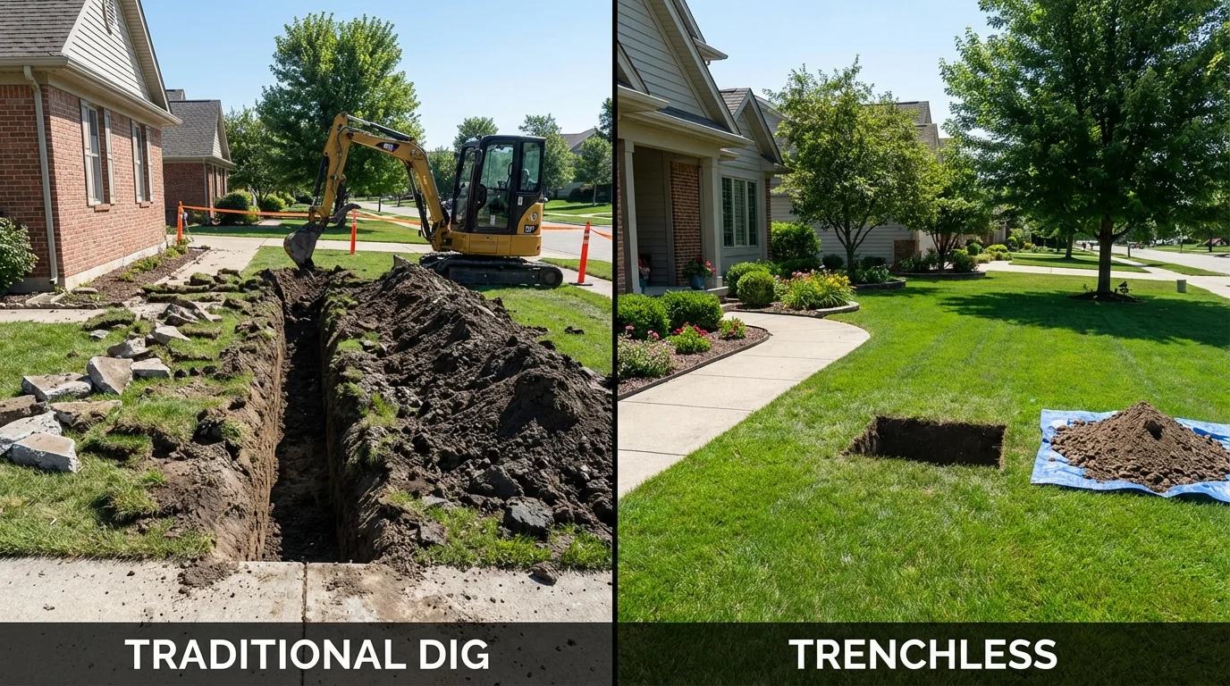 Trenchless sewer repair with minimal yard damage versus traditional excavation in Manteno, IL