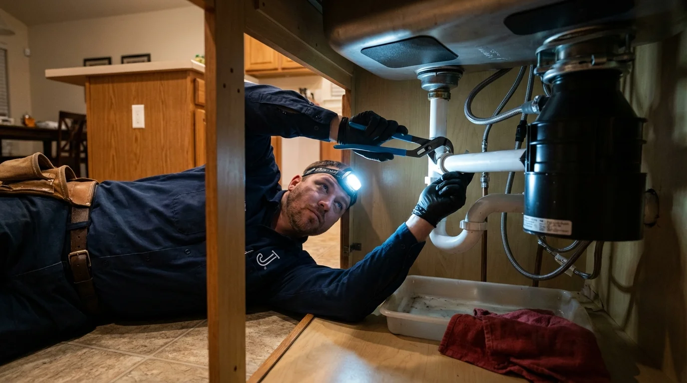 P-trap and supply line connections under a kitchen sink showing a common leak point in Manteno, IL